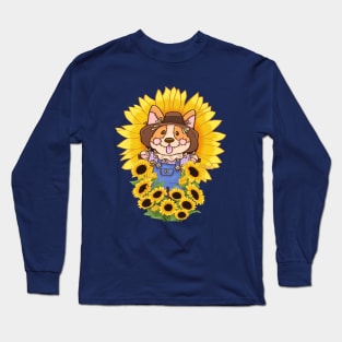 Corgi Scarecrow in the Sunflower Field Long Sleeve T-Shirt